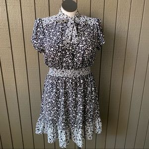 Melloday Tie Neck Smocked Floral Mini Dress